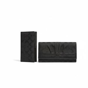 Coach Signature C Monogram Black Leather Trifold Wallet and Checkbook Holder Set